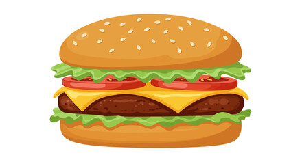 A cartoon depiction of a hamburger with sesame seeds lettuce tomato cheese and a beef patty