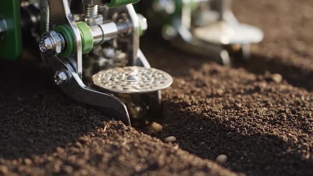 Close-up of agricultural machinery sowing seeds into tilled soil, details of metal and green parts