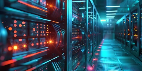 Futuristic server room with glowing blue and orange lights creating a high-tech atmosphere.