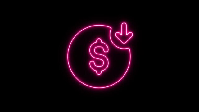 Bright pink neon dollar sign with downward arrow symbolizing financial decline or savings Neon Icon Neon Sign