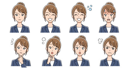 Vector illustration set of young working woman in suit with various facial expressions