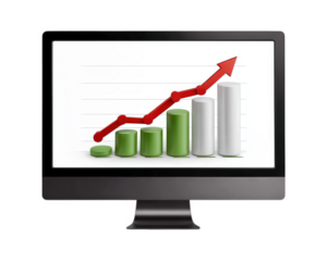 Green and white bar chart with red upward arrow on computer screen, representing financial growth, business success, and positive stock market trend