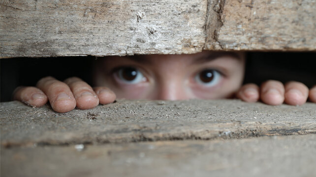 Child peeking through a wooden gap with curious eyes.