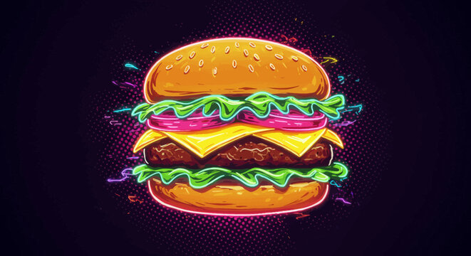 A stylized burger illustration with neon outlines vibrant colors and halftone patterns against a dark background