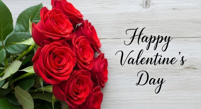 Beautiful bouquet of vibrant red roses with green leaves on a rustic white wooden background with happy valentines day text