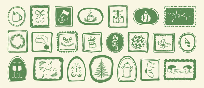 Collection of hand drawn monochrome Christmas stickers and decorative frames. Christmas tree, gift, bows, gift, candy, pie, bow, cookies, candle. - Powered by Adobe