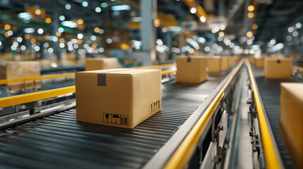 Boxes moving on production line in distribution center