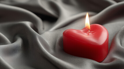 Burning red heart candle on silk romantic background