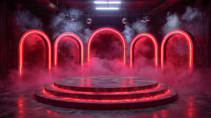 Futuristic light podium with red glowing rings design
