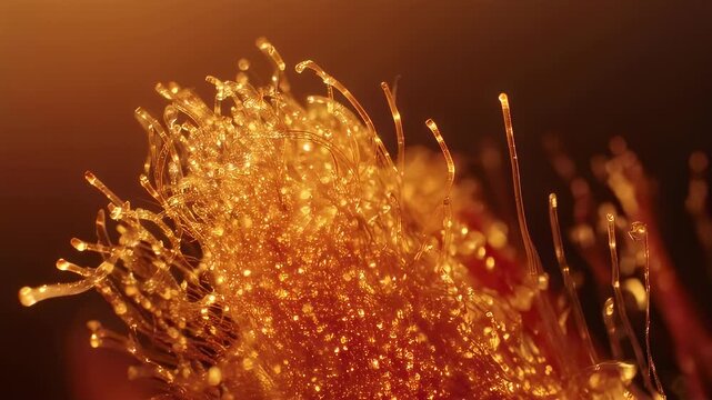 Close-up of a glistening, amber-colored, amorphous form