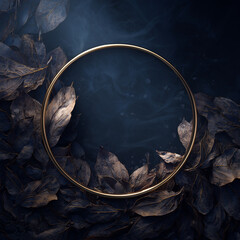 Golden circle wreath with dried leaves dark background
