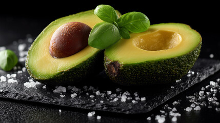 Green avocado fruit sliced with leaf healthy diet concept