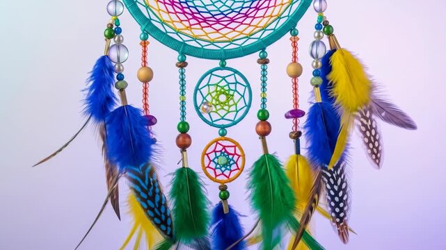 Colorful dreamcatcher with vibrant feathers and beadwork details