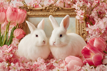 Lovely white rabbits beside golden vintage frame decor