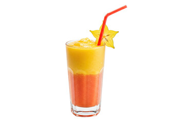 Isolated two-layer smoothie with starfruit, orange juice, mango fruit, and red straw drink