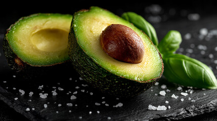 Organic avocado close-up with herbs and salt macro shot
