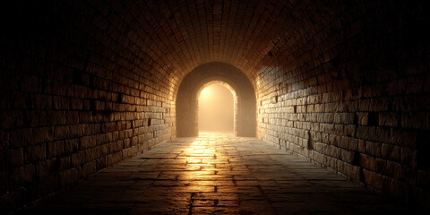 Old brick corridor illuminated by warm sunlight