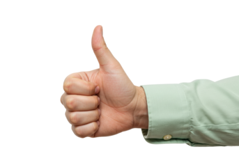 Isolated hand shows approval, giving thumbs up wearing a light green dress shirt sleeve