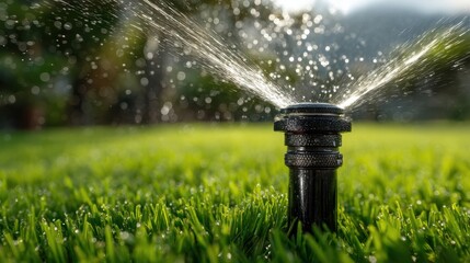 A close-up of a black sprinkler head watering lush green grass on a sunny day with water droplets sparkling in the light.