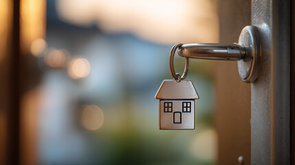 Silver key in keyhole apartment door handle macro photo