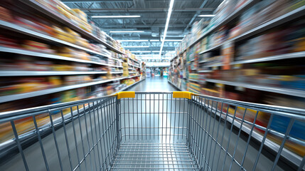 Supermarket aisle motion blur shopping cart perspective