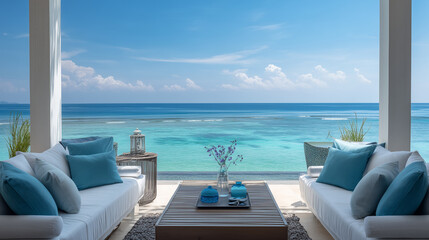Tropical resort outdoor living space by the beach
