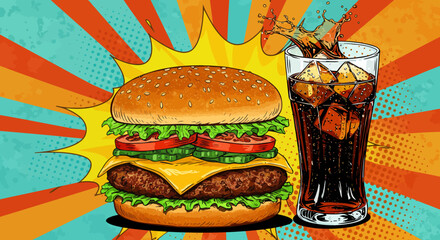 Cartoonstyle burger drink with ice on a colorful background