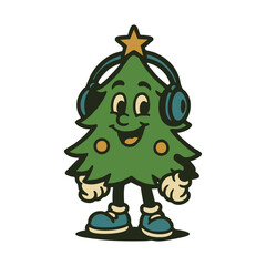 Retro style festive christmas tree vintage mascot character wearing headphones