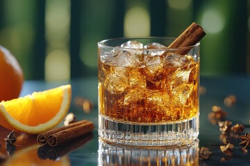 Crystal glass of whiskey with ice, orange slice, and cinnamon sticks