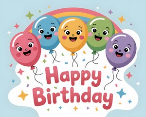 Joyful cartoon balloons with happy faces celebrate a vibrant rainbow birthday with confetti and stars