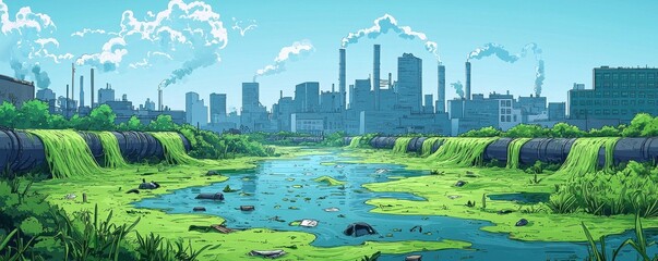 Illustration of industrial pollution with green sludge flowing into water