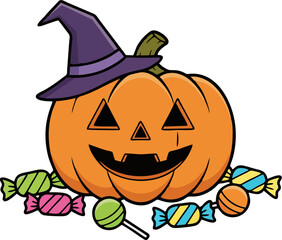 Halloween Pumpkin with Witch Hat and Candy Vector, Jack O’Lantern Trick or Treat Cartoon Illustration