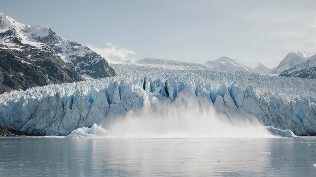 A massive glacier calves into a lake, creating a large cloud