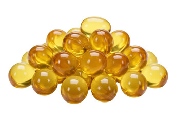 Isolated heap of translucent yellow capsules for supplement intake on a solid backdrop