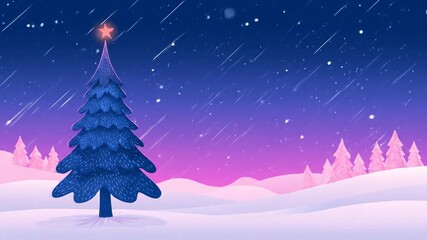 A solitary blue pine stands adorned with a bright star atop a snowy landscape under a starry sky - Powered by Adobe