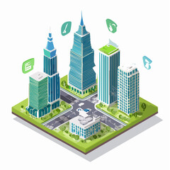 Isometric cityscape modern skyscrapers and green spaces on a white background