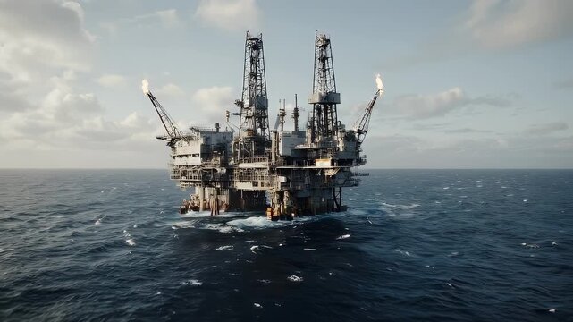 An offshore oil platform with flames, in ocean with a cloudy sky