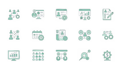 Fototapeta premium Collection of hand-drawn icons representing business management, human resources, and organizational concepts.