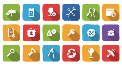 Fototapeta premium A collection of flat design icons representing various business and technology concepts, including tools, finance, and data.