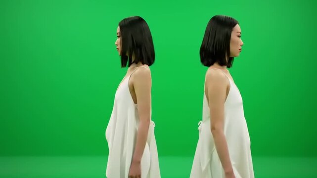 Two Asian Women in White Dresses Facing Each Other on Green Screen.