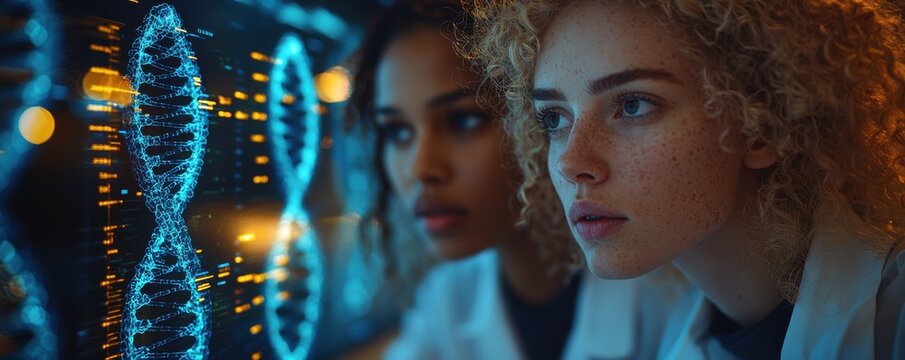 Two Scientists Examining Virtual DNA Models in a Modern Research Laboratory