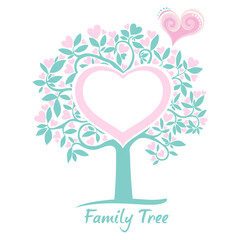 Family tree - frames empty for your input. Love tree. Heart tree with red heart leaf  isolated on white background.  Vector Illustration