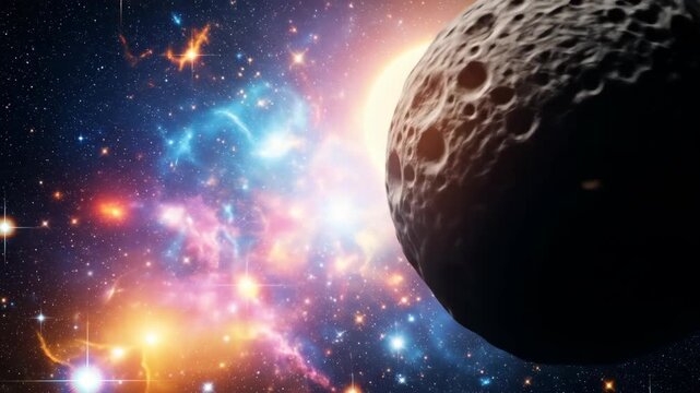 Asteroids float in vibrant cosmic space with stars and distant nebula.