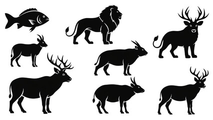 A diverse collection of wild animal silhouettes featuring a lion, deer, fish, and antelope for creative design
