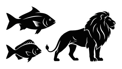 Bold silhouettes of a majestic lion and fish, isolated vector wildlife icons