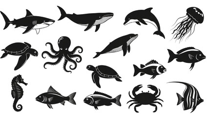 Naklejka premium Comprehensive Set of Stylized Monochrome Marine Animal Illustrations and Sea Creatures Vectors