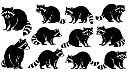 Diverse collection of stylized raccoon illustrations showcasing various poses for graphic design projects and wildlife themes