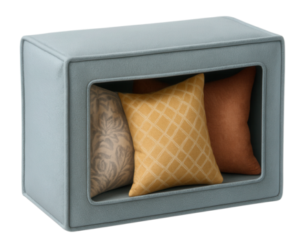 Fabric box with a window panel, perfect for showcasing and storing decorative pillows.