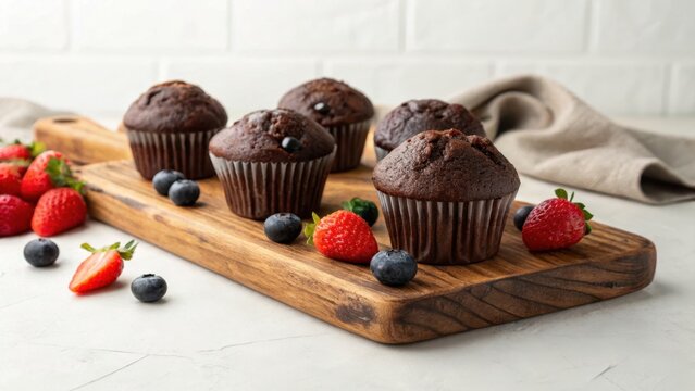 allergy aware cooking Delicious chocolate muffins on a wooden board with fresh berries.