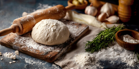 Fototapeta premium Creative food concept. Ingredient ready for cook bake, rolling pin, dough, with flour, rosemary herb, garlic scattered on wooden board. copy text space